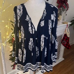 Altar'd State Navy Blouse with White Floral Design